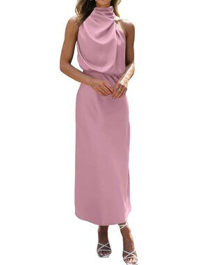Womens Dusty Pink Cocktail Satin Silk Sleeveless Mock Neck High Waist Maxi Dress